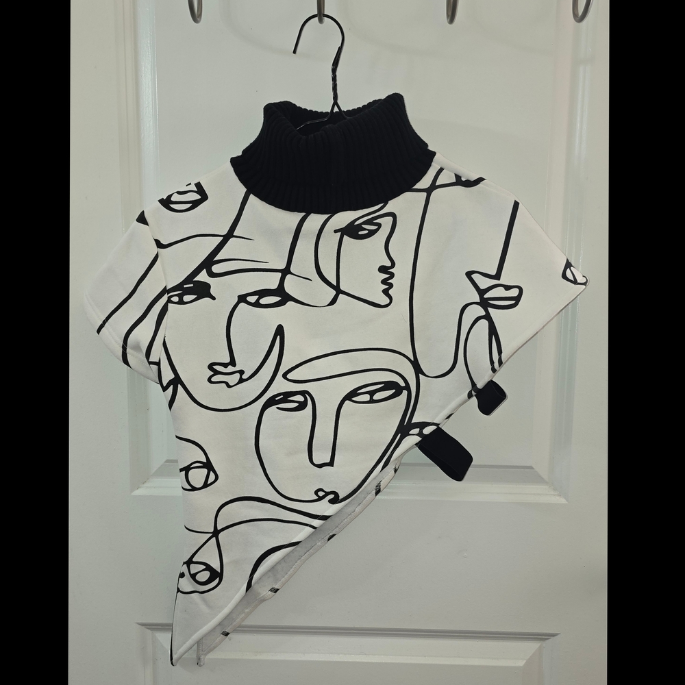 Abstract Face Print Poncho with Black Turtleneck